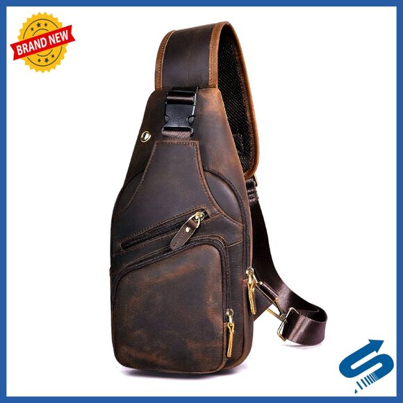 Leather Crossbody Sling Bag for Hiking Travel Casual Outdoor Sports Men's - Picture 1 of 7